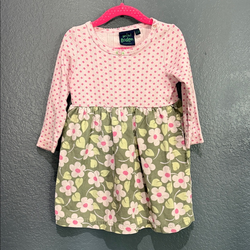 NWOT Mini Boden Pink Polka Dot and Green Floral Dress Sz 18/24 months girl